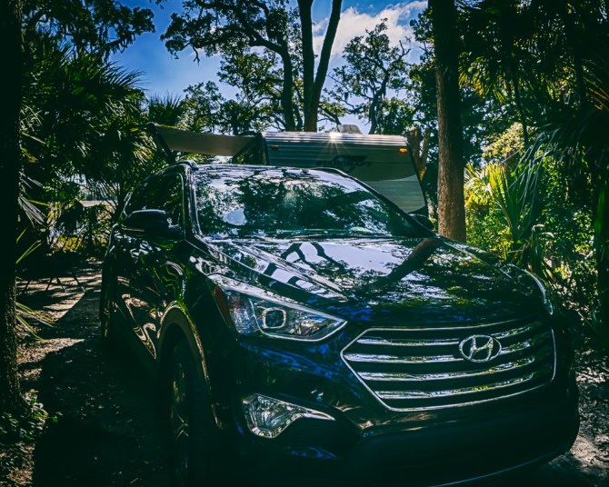 The Tumbler in front of Rogue Shadow at our inaugural campground at Edisto Beach State Park, SC, USA.